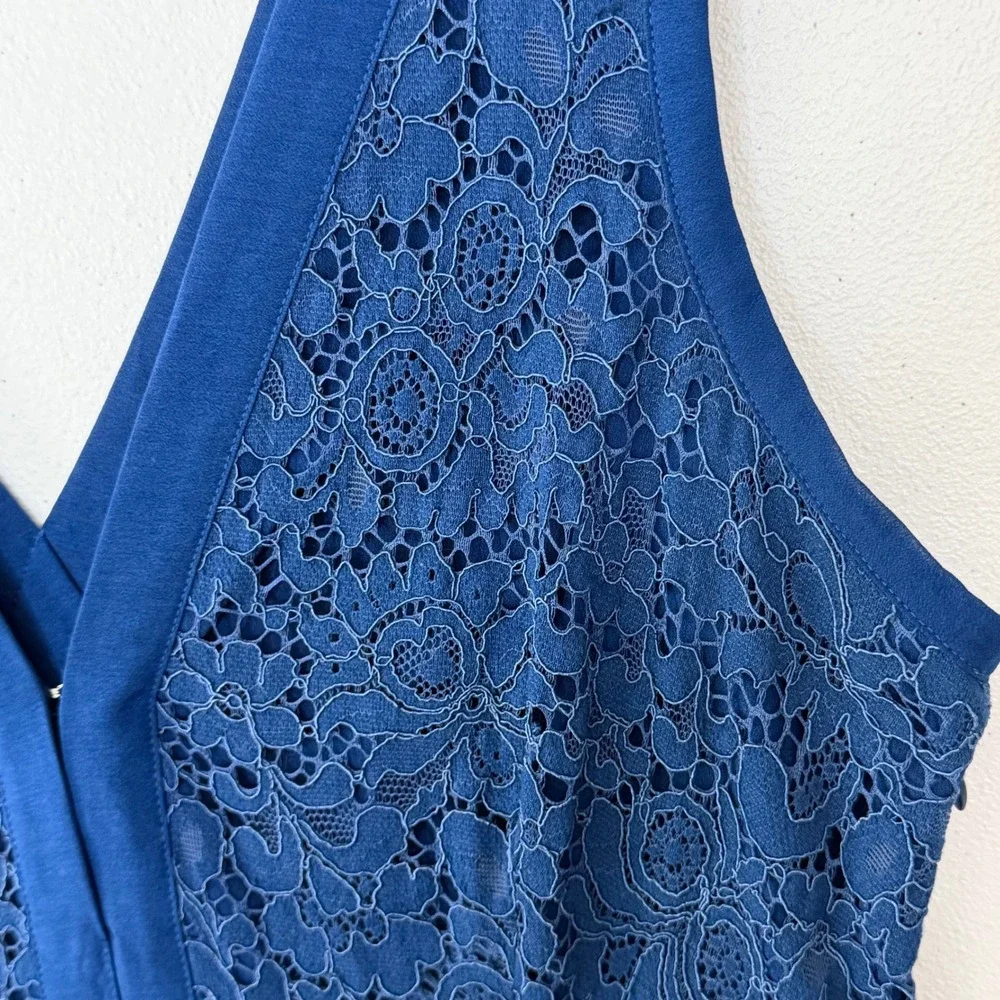 Free People Lovely In Lace Mini Dress L Blue Cutout Back Pockets Boho Coquette